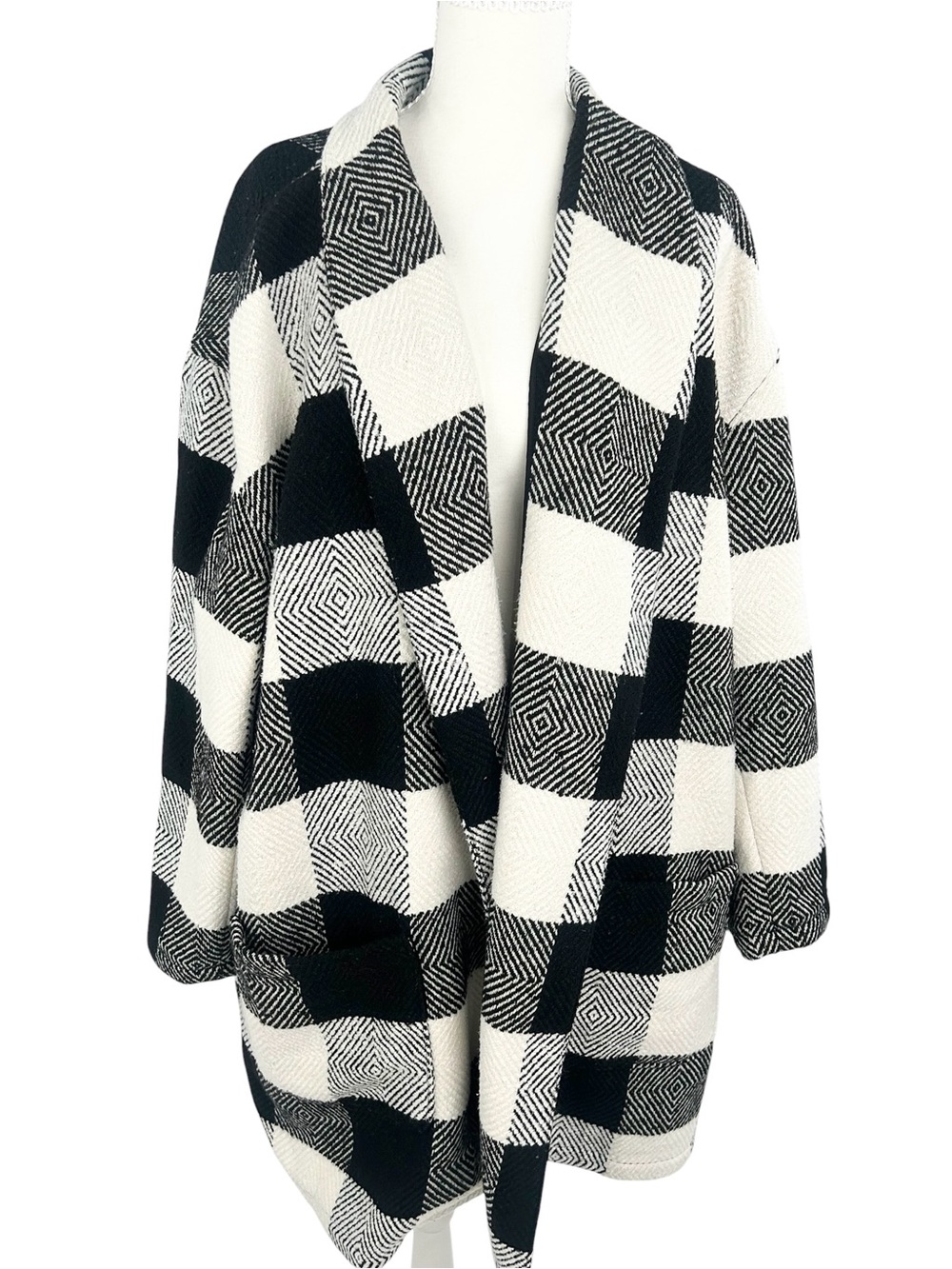 Caslon Buffalo Plaid Sweater Coat Cardigan Open Front Black White 3X
